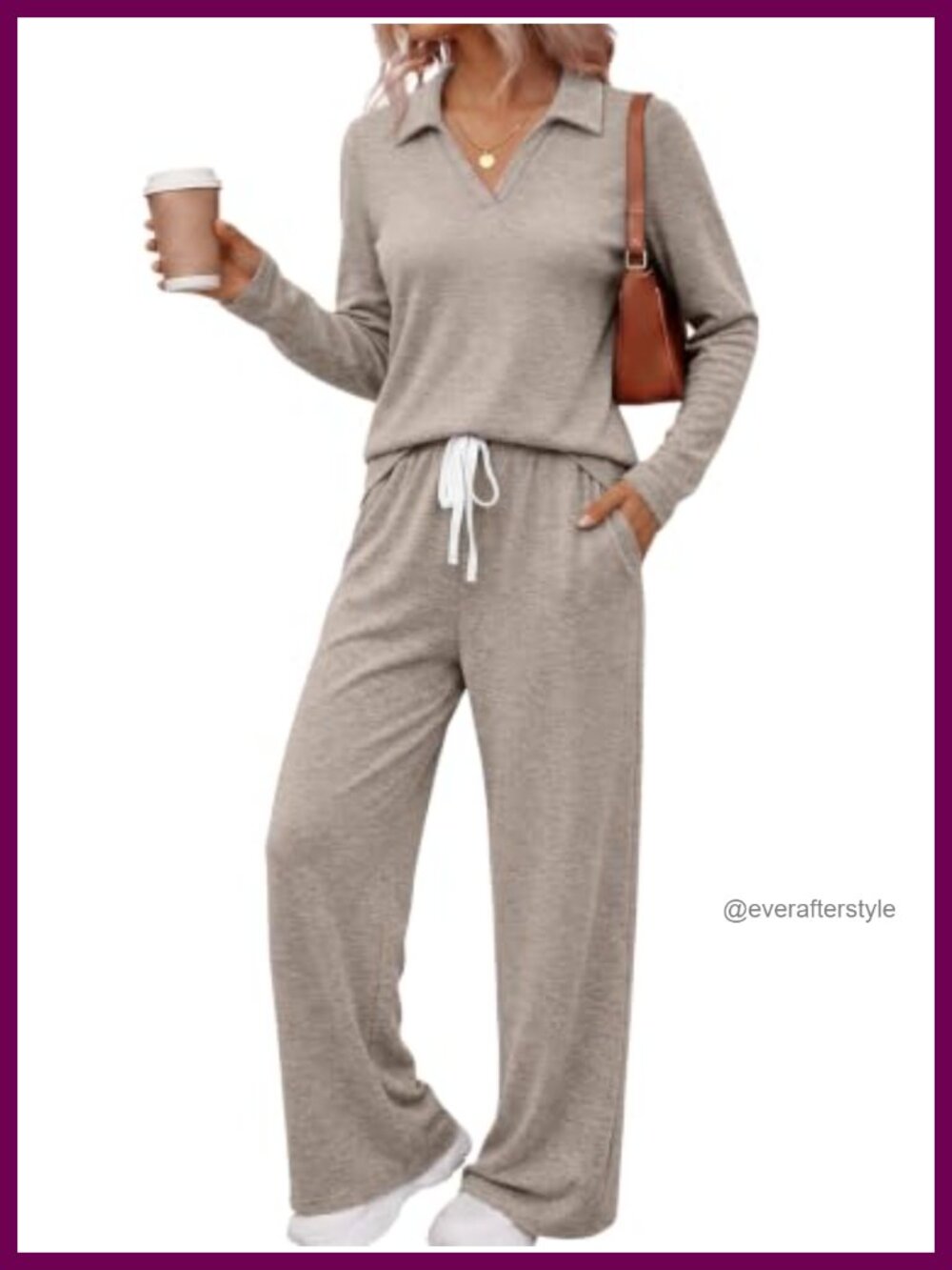 Women's 2 Piece Lounge Set Long Sleeve Polo Top Wide Leg Pants